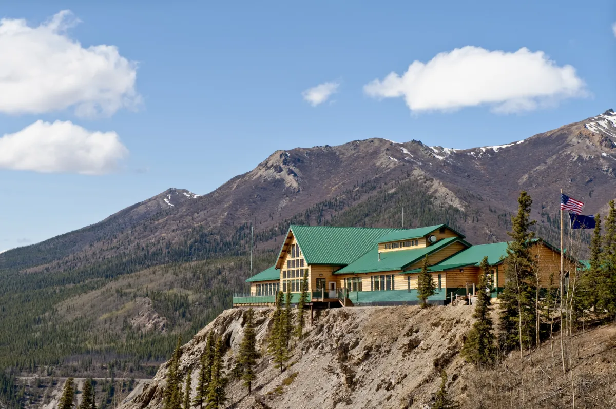 Grand Denali lodge with mountains in background